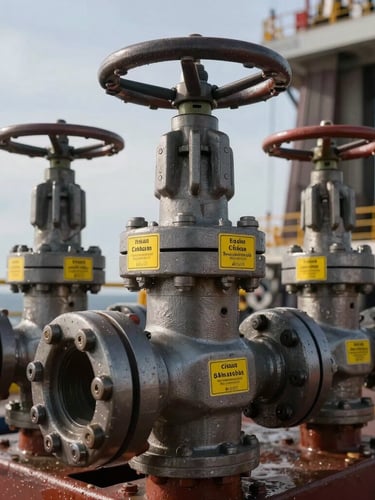 Close-up of high-pressure steel valves and Chiksan connections with yellow certification tags on an offshore drilling deck, natural dramatic daylight, professional oilfield engineering.