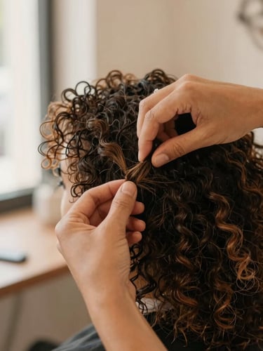 Close-up of Sâmia Silveira's hands carefully analyzing and parting natural curly hair in her warm, sunlit salon, soft focus, 35mm