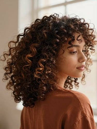 Warm editorial photography of natural curly hair in motion, soft natural window light, rich organic terracotta tones, shallow depth of field, 35mm