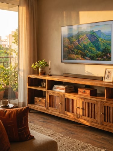 Warm residential interior in Bangalore, a custom teak wood TV unit with elegant joinery, soft golden-hour window light casting long shadows, detailed grain