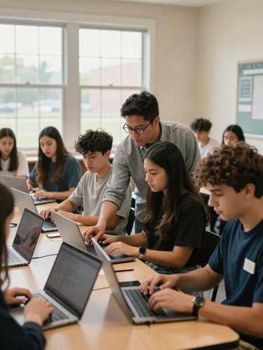 A warm, bright classroom in Fort Wayne, Indiana, where a local technology educator is guiding a diverse group of high school students collaborating over laptops, natural Midwestern daylight streaming through large windows.