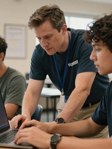 A warm editorial photograph of a local volunteer mentor guiding an adult learner through a coding exercise, bright indoor classroom lighting, 35mm.