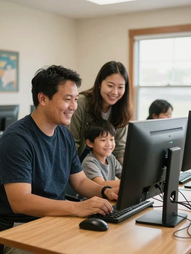 A medium shot of a friendly technology professional and a local family in Fort Wayne, Indiana, smiling together as they set up a refurbished desktop computer in a bright, sunlit community room, warm editorial style.