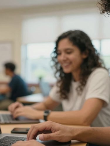 Close-up of an adult student smiling while coding on a laptop, warm indoor classroom lighting, supportive instructor in the background, authentic Fort Wayne community space, shallow depth of field, 35mm.