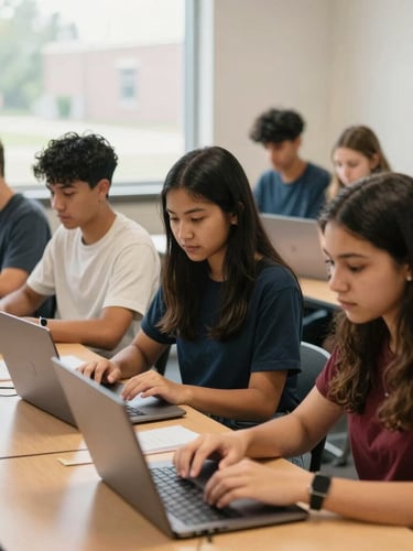 A group of diverse Fort Wayne students collaborating over laptops in a bright, modern classroom, natural Midwestern daylight, warm editorial photography