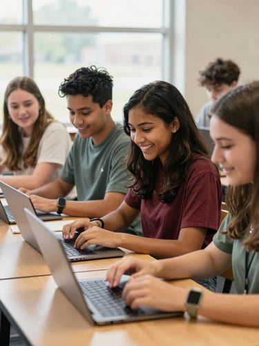 A group of diverse high school students in Fort Wayne collaborating over laptops in a brightly lit, warm classroom, natural Midwestern daylight, smiling, engaged.