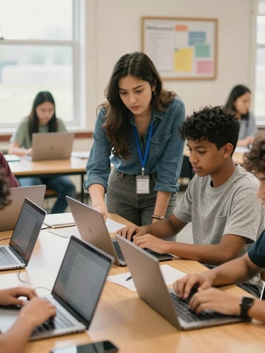 A bright classroom in Fort Wayne, Indiana, where an educator guides a diverse group of high school students collaborating over laptops, natural Midwestern daylight, warm editorial photography, 35mm.