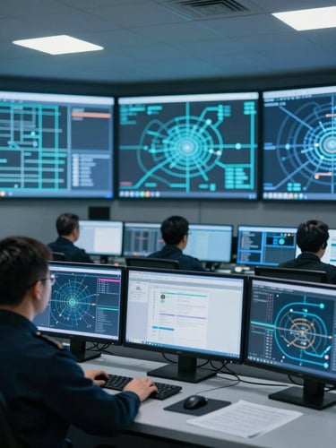 Wide panoramic shot of a high-tech security command center, cool blue lighting, multiple monitors displaying active network matrices, an operator in a dark uniform seen from behind in soft focus.
