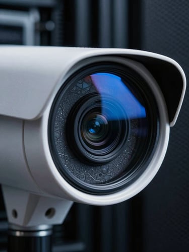 Macro close-up of a high-end security camera lens reflecting cold blue light in a dark server room, sharp focus, high contrast tactical lighting