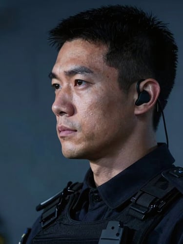 Close-up profile of a disciplined security specialist in a sharp dark tactical suit, focused expression, communication earpiece visible, low-key dramatic blue lighting.