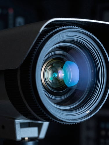 Macro close-up of a high-end CCTV camera lens reflecting sharp cool cyber-cyan light, dark technical background, low-key dramatic lighting, high-contrast.