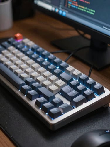 Close-up of a mechanical keyboard on a dark desk, cool monitor glow washing across the keys from the right, a code editor visible in soft focus on the screen behind, cables and a mug barely visible at frame edge — documentary feel, no staging