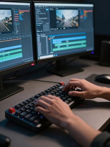 Close-up of a designer's hands on a mechanical keyboard, a video editing timeline and analytics panel visible on dual monitors behind, cool blue monitor light casting sharp shadows on the desk, dark background, shallow depth of field pulling focus to the screens