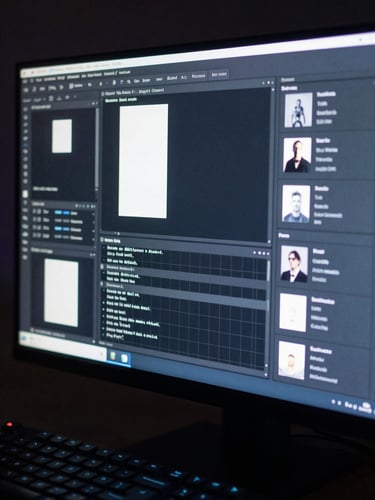 Close-up of a high-resolution monitor displaying a dark-themed UI design system — component panels, typography scales, and grid overlays visible on screen. Cool blue monitor glow illuminates a mechanical keyboard in the foreground. Shot from a 45-degree angle, shallow depth of field, no people.