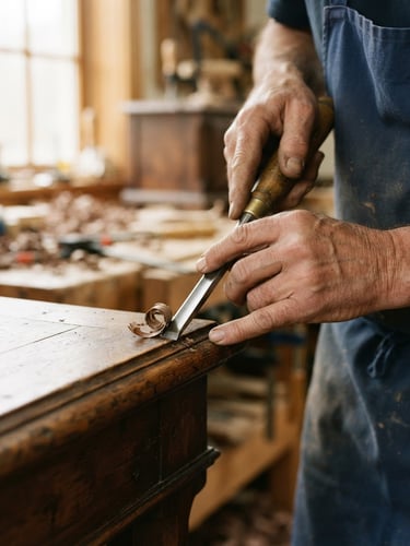 Macro close-up of a craftsman's hands using a traditional chisel on an antique walnut table edge, warm workshop window light, shallow depth of field