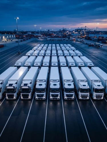 A modern fleet of white cargo trucks aligned on a clean asphalt road during blue hour, cinematic industrial lighting, sharp focus, wide-angle