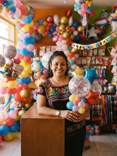 Bright warm photography of a cheerful Nicaraguan woman standing inside her colorful local party supply shop in Managua, surrounded by beautiful balloon arrangements, sunny natural daylight, clean editorial style, 35mm.