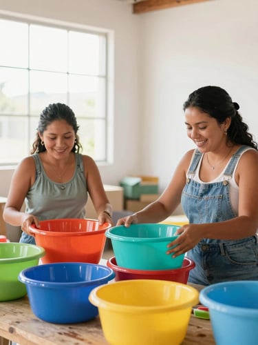 Sunny warm photography of two Nicaraguan women organizing colorful plastic basins and party supplies in a bright, clean warehouse, natural window light, joyful atmosphere, 35mm.