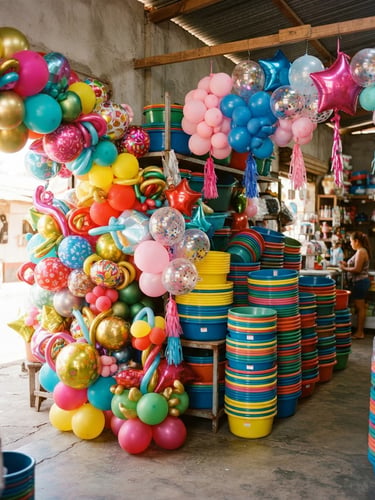 Bright warm photography of colorful balloon arrangements and wholesale plastic basins stacked neatly in a sunny Nicaraguan store, natural daylight, 35mm