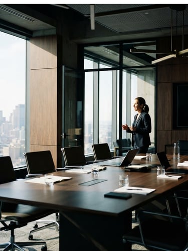 Wide shot of a modern, high-contrast boardroom with natural window light, deep shadows, and architectural details. A focused leader is visible in the background, off-center, in a 35mm cinematic style.