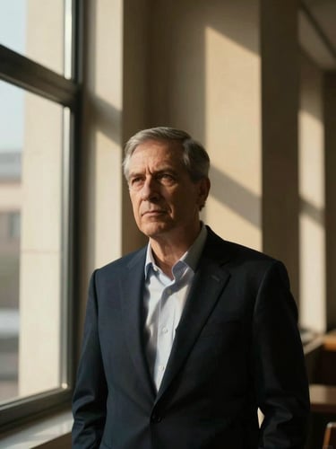 A focused, off-center portrait of a leader in deep thought, sharp natural window light casting architectural shadows, 35mm cinematic style. Muted gold tones accent the scene.