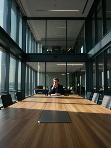 Cinematic wide angle of a modern glass and steel boardroom, sharp natural window light casting deep shadows, focused executive sitting off-center in deep thought, 35mm lens.