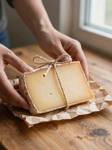 Hands wrapping a wedge of pale yellow cheese in thick brown parchment paper and tying it with natural jute twine on a wooden table, rustic aesthetic, warm light