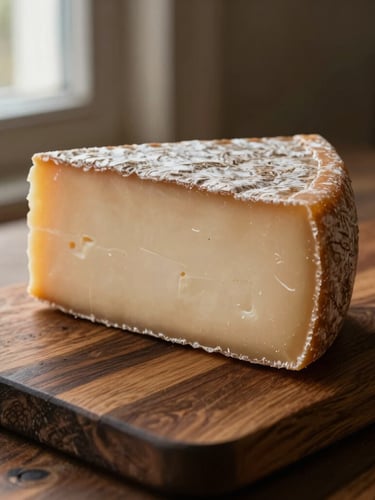Macro shot of a textured wedge of aged cheese with a rustic natural rind on a dark raw oak board, warm side window light, deep shadows, 35mm editorial photography