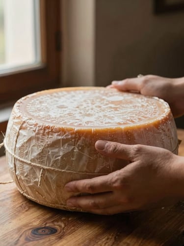 Close-up of hands wrapping a mature cheese wheel in rustic paper and jute twine, warm side light from a cellar window, shallow depth of field, 35mm