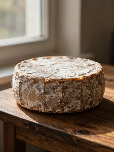 Macro shot of an aged cheese wheel with a textured rustic rind on a dark oak shelf, warm side window light, deep shadows, 35mm