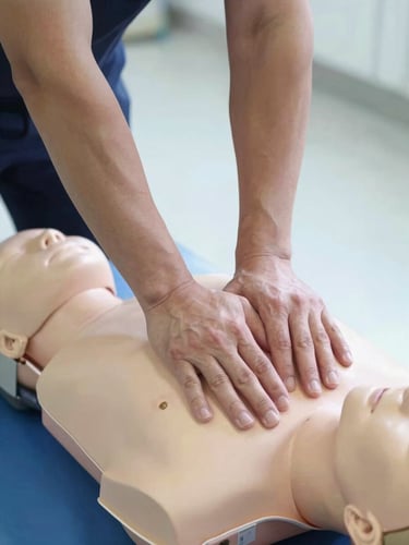 Close-up of two hands applying firm chest compression on a training mannequin on a clinical floor, bright indoor lighting, instructor's forearms visible in sharp focus, concentration visible in body posture, documentary-style framing