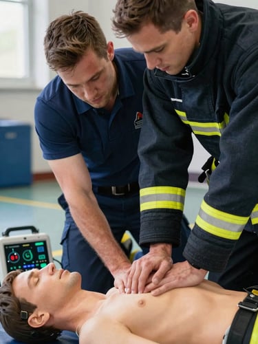 Close-up documentary shot, natural indoor light, a firefighter-turned-trainer in navy uniform guiding a trainee's hands into correct CPR position on a practice mannequin, both figures in sharp focus, emergency defibrillator visible on floor beside them, training center environment, no smiling, concentration visible on both faces