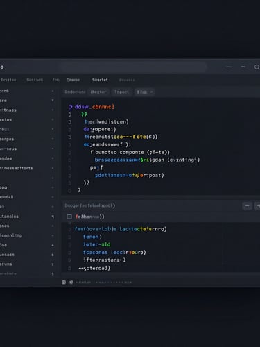 Sleek dark mode software UI showing a clean code editor and database schema, cool-toned studio lighting, sharp focus, macro lens
