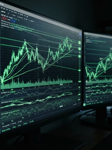 Macro shot of dual-monitor setup displaying complex real-time financial charts, dark-mode tech photography, neon green screen reflections, sharp focus, 35mm