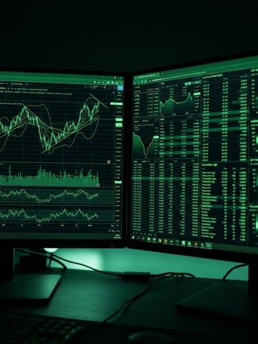 Macro shot of a dual-monitor setup displaying complex green financial charts and real-time RTP data streams, moody low-key ambient light, neon green screen reflections, 35mm.