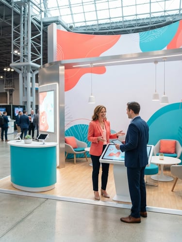 Bright editorial photography of a clean corporate exhibition stand at a premium convention hall, vibrant coral and turquoise accents, sharp focus, daylight.