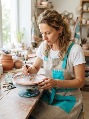 A focused woman in her thirties carefully painting a ceramic plate in a bright, daylight-filled workshop, vibrant turquoise accents in her apron.