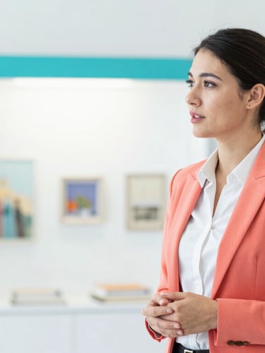 Bright editorial photography, a professional female corporate representative talking to an artisan in a clean modern exhibition hall, daylight, sharp focus.