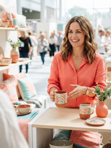 Bright editorial photography, crisp high-key daylight, a professional female entrepreneur showcasing high-quality ceramic and textile products at a clean, modern exhibition stand, vibrant coral accents, sharp focus