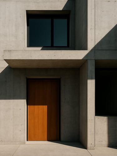 Straight-on architectural elevation of Casa Origen facade, high-contrast natural sunlight casting sharp geometric shadows, raw concrete texture, minimalist steel framing, warm wood accents.