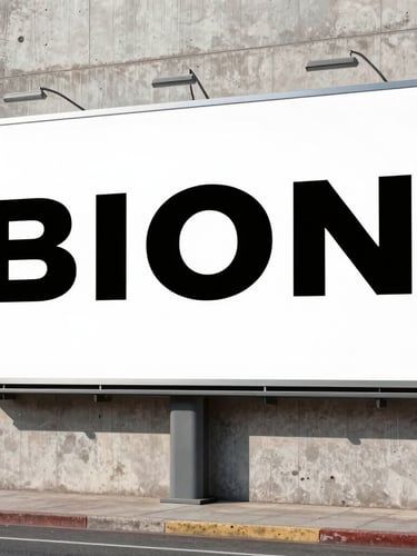 Wide environmental shot of a massive physical billboard in a raw urban concrete landscape, stark high-contrast daylight, bold minimalist typography on the billboard, hard shadows.