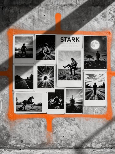 Stark black and white wild postings on a concrete city wall, safety orange spray-paint accent, hard shadows from raw daylight.