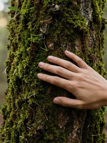 Close-up of a human hand gently touching a moss-covered tree trunk, soft morning light filtering through forest canopy, shallow depth of field, warm organic tones.