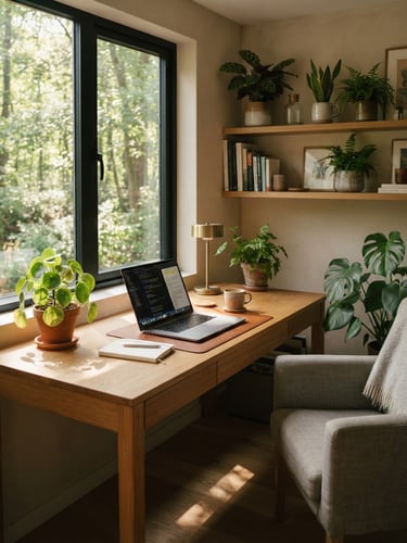 A serene, sunlit modern interior workspace with potted plants and wooden elements, soft dappled forest light filtering through leaves, warm editorial photography, 35mm