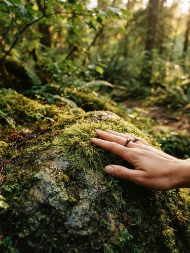 Close-up of human hand gently brushing against soft green moss on a damp forest stone, warm golden light filtering through leaves