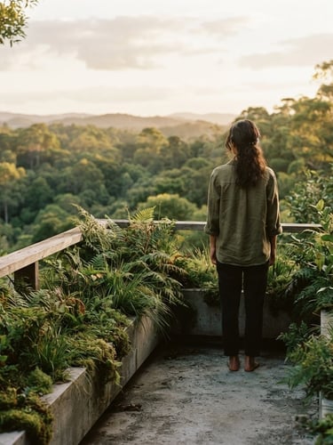 Warm editorial photography, soft dappled light, minimalist concrete balcony integrated with wild ferns and native plants, a person standing with back to camera looking at the green horizon, 35mm