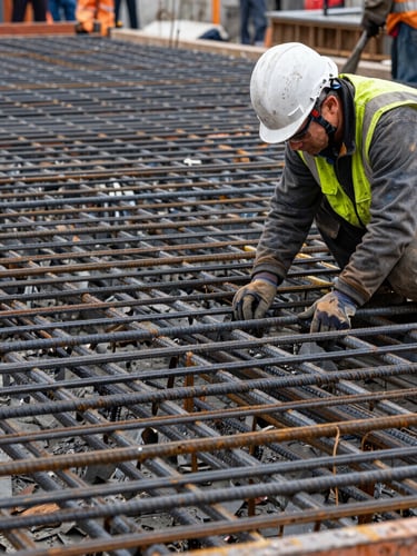 Macro close-up of a master builder in safety gear inspecting a massive steel rebar grid before a concrete pour, overcast daylight, sharp details.
