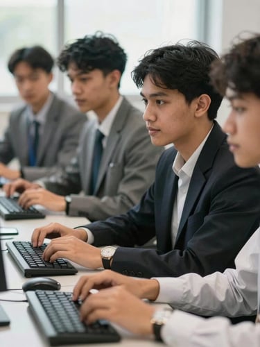 A close-up of professional Indonesian business students collaborating in a modern computer laboratory, natural bright daylight, shallow depth of field
