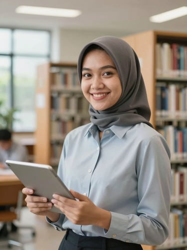 Indonesian female student smiling confidently in a modern library holding a tablet, bright natural daylight, shallow depth of field, professional academic environment.