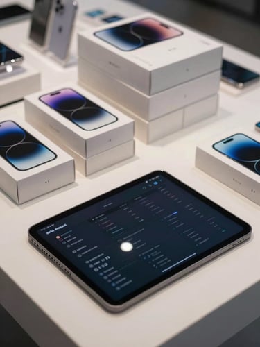 Close-up overhead shot of an organized mobile retail shop counter — boxed handsets stacked on shelves in the background, a tablet displaying a dark-mode dashboard UI in the foreground, cool indoor ambient light, sharp and clean